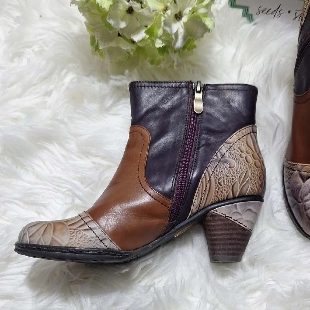 Spring Step Brown and Tan Floral Ankle Boots